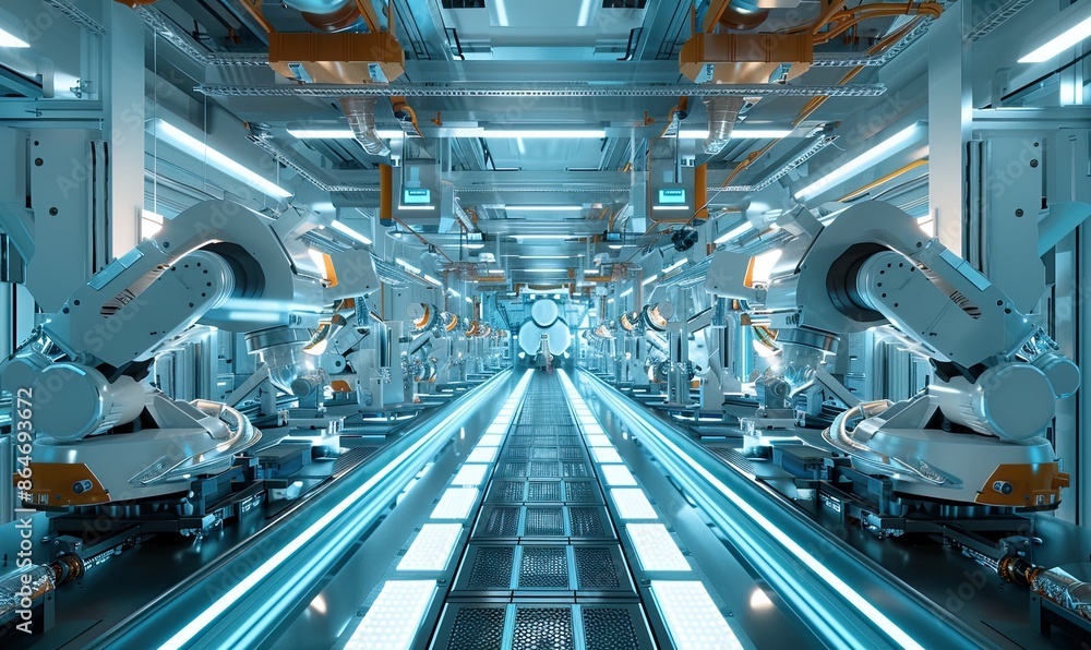Futuristic Automated Factory with Conveyor Belt and Robotic Arms, Industrial Automation and Manufacturing Concept Futuristic Automated Factory with Conveyor Belt and Robotic Arms, Industrial Automation and Manufacturing Concept