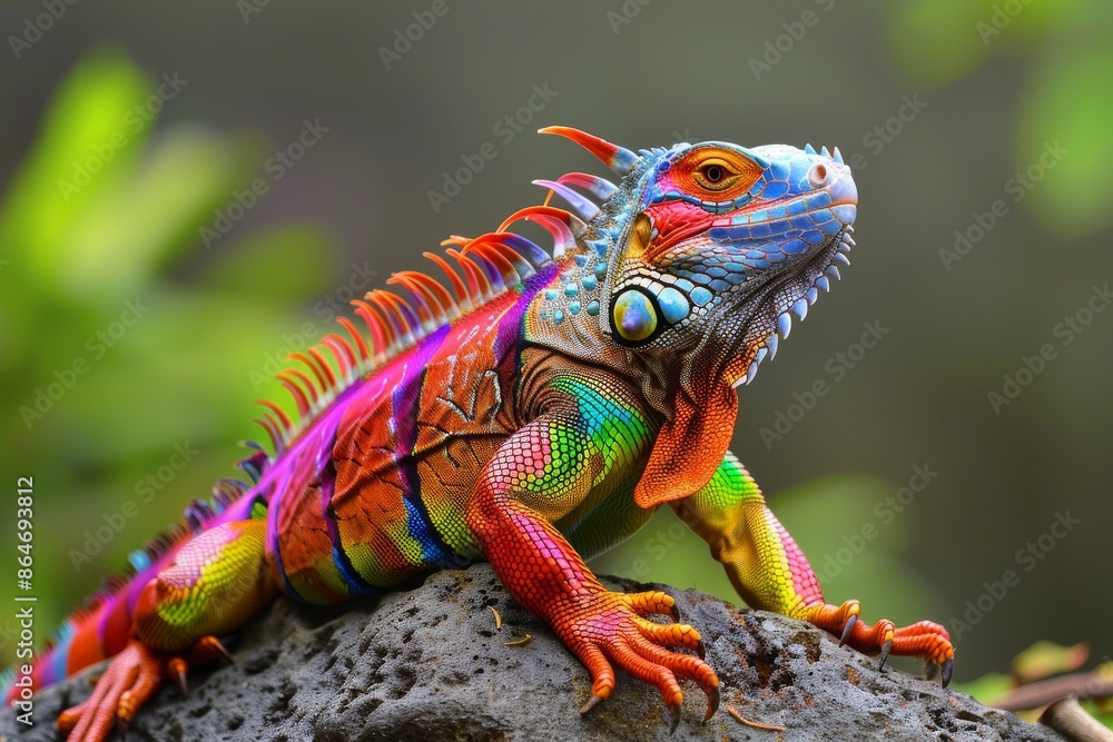 Fototapeta premium Vibrant Rainbow Iguana on a Rock