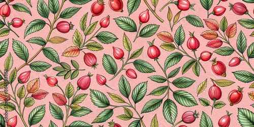 Delicate hand-drawn rosehip berries with leaf on warm pink background, perfect for herbal tea packaging, fashion prints, and medical label designs, featuring seamless pattern repeat.