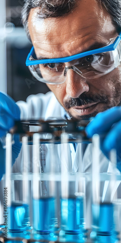 Análise de líquido azul em tubo de ensaio por técnico de laboratório photo