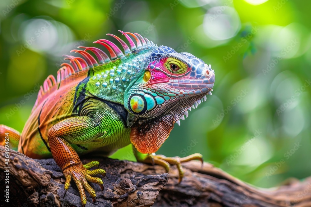 Fototapeta premium A Vibrant Green Iguana with Rainbow Hues