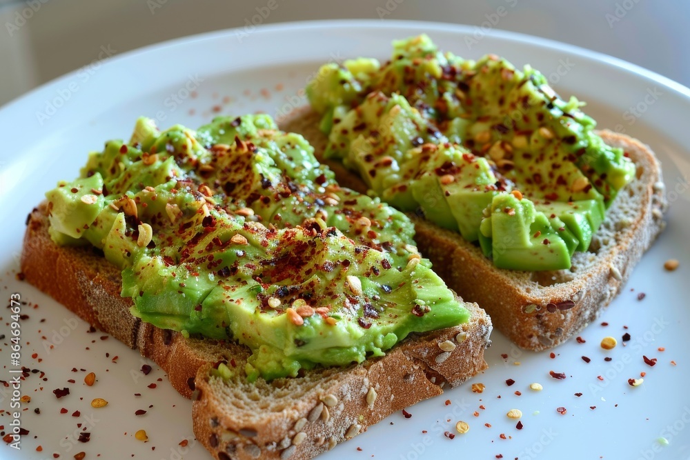 Avocado Toast with Chili Flakes on a White Plate
