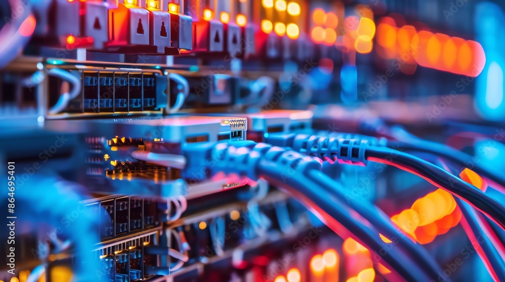 Network Server Hub with Cables and Flashing Lights. Concepts. Technology, Data, Internet, Connectivity Network Server Hub with Cables and Flashing Lights. Concepts. Technology, Data, Internet, Connectivity
