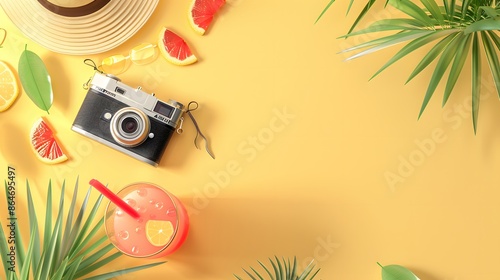 HD realistic summer banner with copy space, flat lay on a pastel yellow background featuring a tropical drink, a camera, and a sun hat. The scene is bright and summery, perfect for selling.