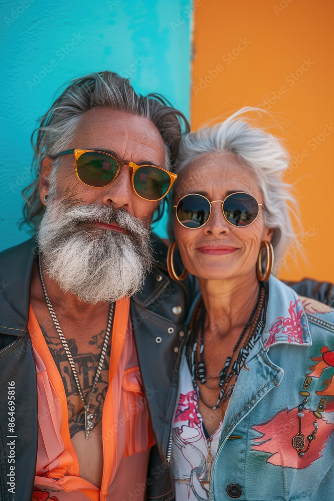Obraz premium A vibrant and colorful photo of an elderly, eccentric, tattooed hipster couple dressed in stylish outfits