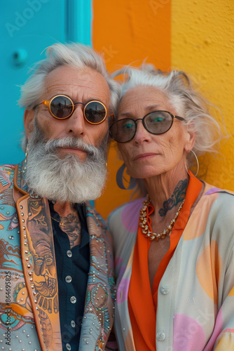 A vibrant and colorful photography of an extravagant, elderly, tattooed hipster couple dressed in stylish outfits © Nataliya