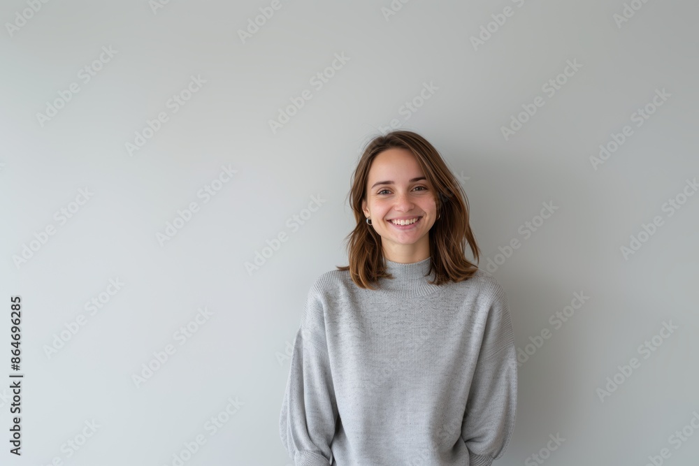 Smiling Woman in Gray Sweater with Copy Space. Generative AI. Smiling Woman in Gray Sweater with Copy Space. Generative AI.