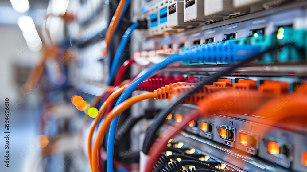 Close-up of network server with cables and blinking lights. Concepts. data center, network security, internet technology, cloud computing. Close-up of network server with cables and blinking lights. Concepts. data center, network security, internet technology, cloud computing.