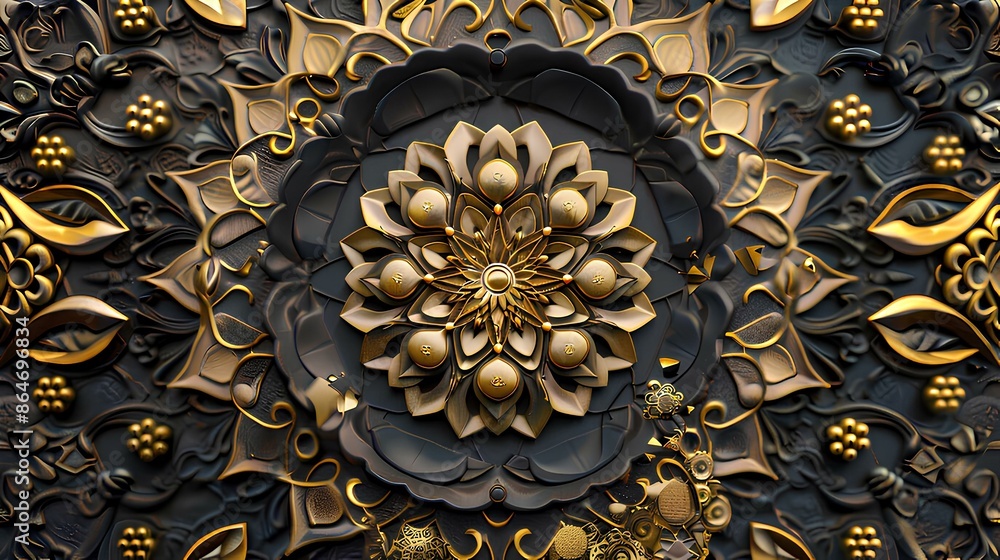 Beautiful three-dimensional mandala with golden elements Beautiful three-dimensional mandala with golden elements