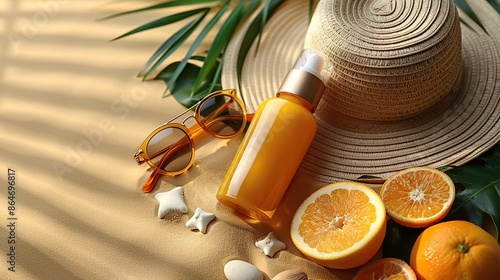 baby sunscreen lotion bottle sunglasses panama hat on beige background top view kids sunblock sun protection concept.stock photo