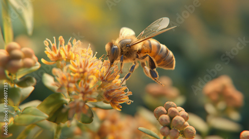 An extreme close-up of a bee hovering over a flower, showcasing its wings in motion, macro photography, bee, hd, motion with copy space