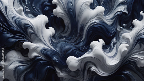 Abstract dreamy fluffy fluid forms in metallic dark blue, silver and white