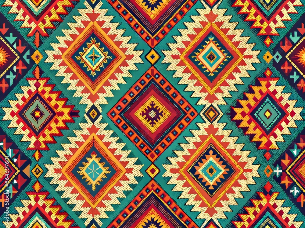 Vibrant Navajo-inspired seamless pattern featuring intricate geometric shapes, bold colors, and traditional South Western ornamentation, perfect for bohemian decor and ethnic design elements. Vibrant Navajo-inspired seamless pattern featuring intricate geometric shapes, bold colors, and traditional South Western ornamentation, perfect for bohemian decor and ethnic design elements.