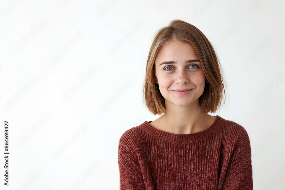 Smiling Woman in Red Sweater with Copy Space. Generative AI. Smiling Woman in Red Sweater with Copy Space. Generative AI.