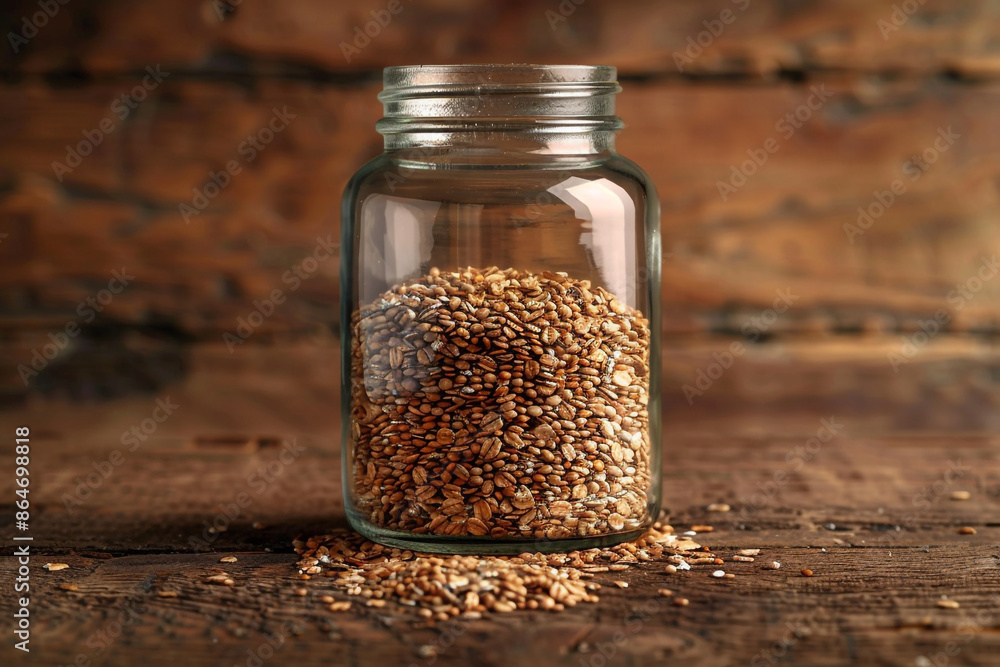 glass jar of natural rye steel cut oats whole grain sand on a wooden table glass jar of natural rye steel cut oats whole grain sand on a wooden table