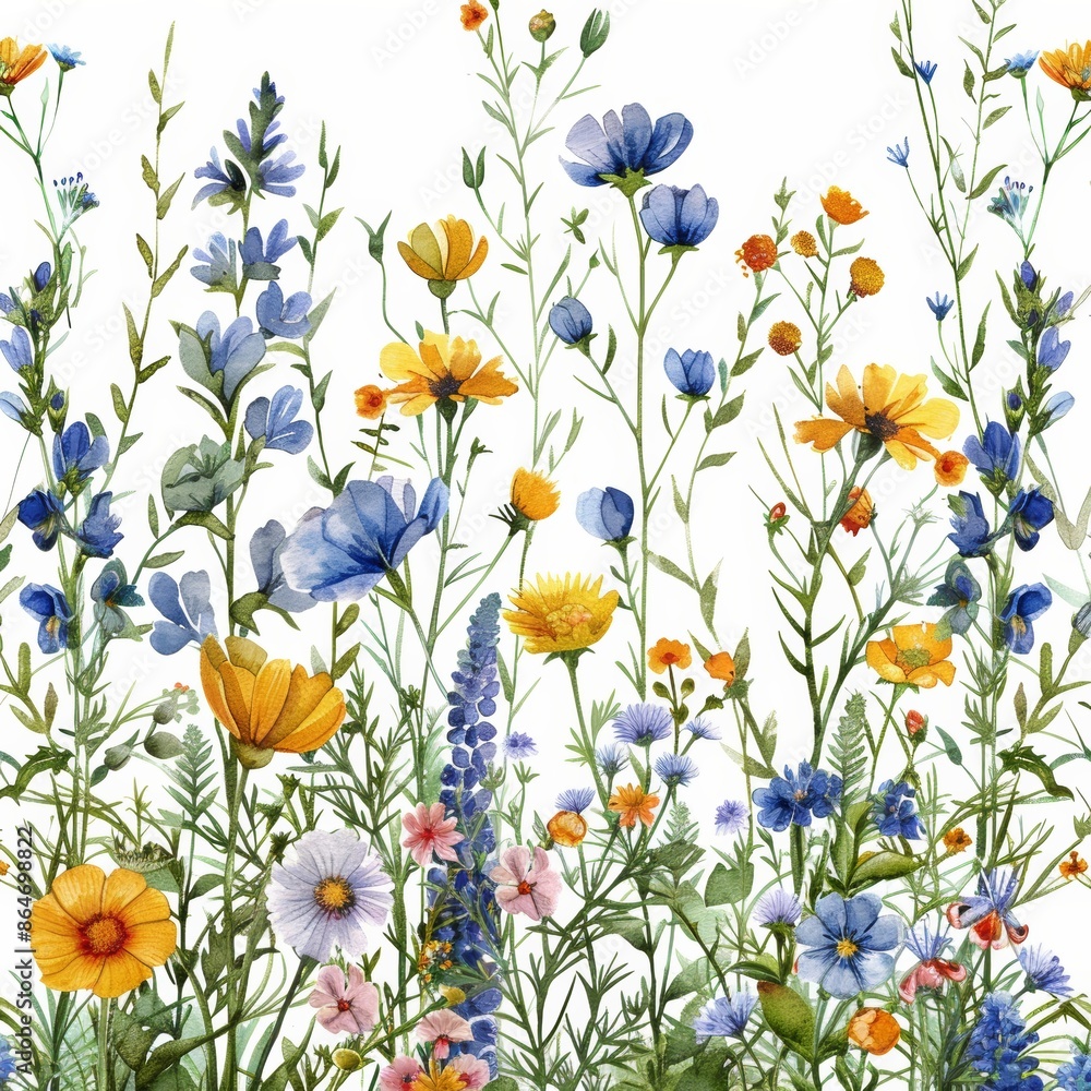 A vibrant watercolor illustration of a meadow blooming with wildflowers in various shades of blue and yellow. A vibrant watercolor illustration of a meadow blooming with wildflowers in various shades of blue and yellow.