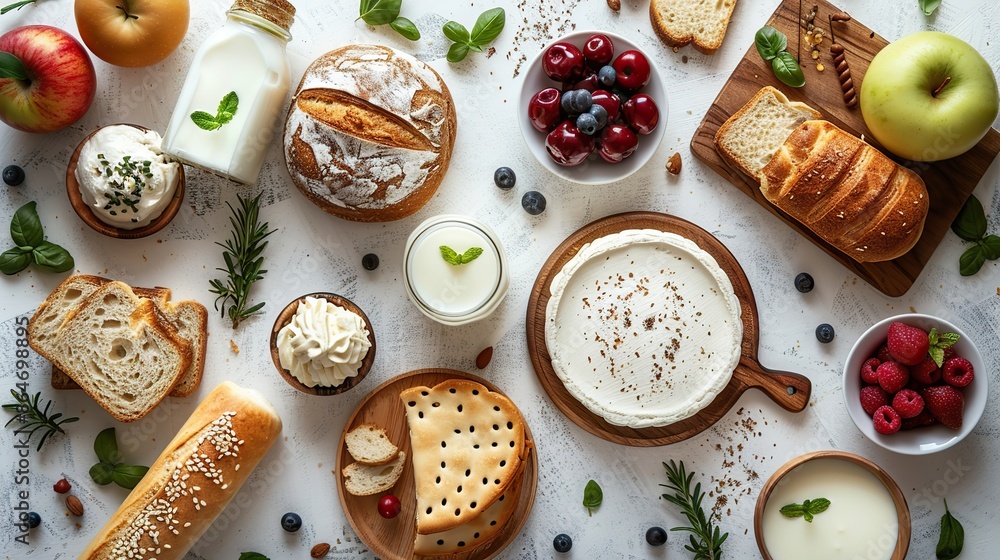 jewish holiday shavuot table top view flat lay dairy products milk bottle bakery fruits on white background.stock image jewish holiday shavuot table top view flat lay dairy products milk bottle bakery fruits on white background.stock image
