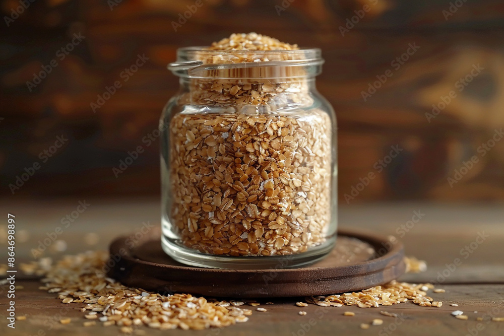 glass jar of natural rye steel cut oats whole grain sand on a wooden table glass jar of natural rye steel cut oats whole grain sand on a wooden table