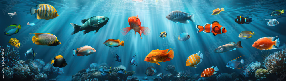 Naklejka premium Explore the Aquatic Wonder Underwater Photograph of Colorful Fish and Marine Life Capturing the Beauty and Diversity of Oceanic Ecosystems in Stunning Detail for Nature Enthusiasts and Photographers