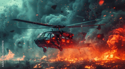 Black Hawk Helicopter Flying Over a Fiery Landscape
