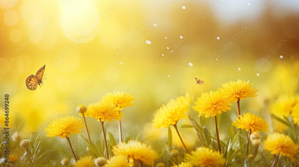 Beautiful spring meadow background with a butterfly flying in the sunlight Beautiful spring meadow background with a butterfly flying in the sunlight