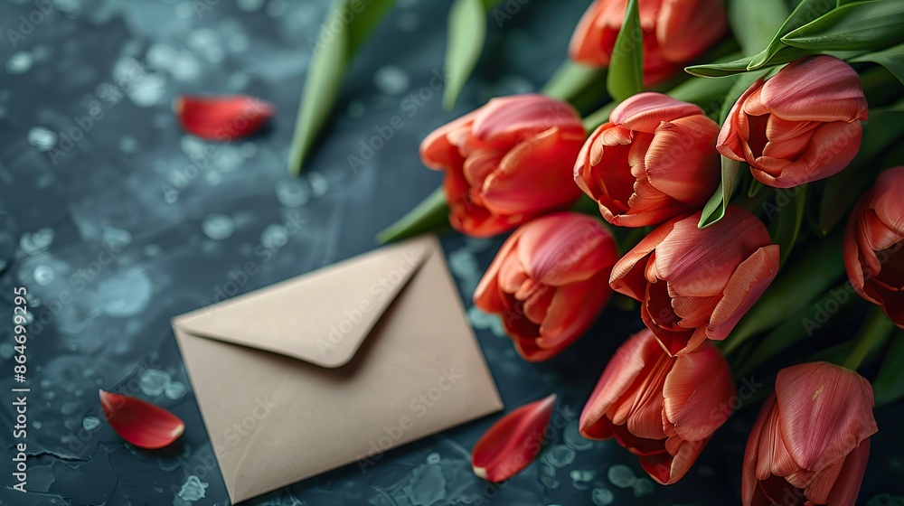 flat lay composition with tulips and envelope with blank card on green background happy mother s day concept.stock photo flat lay composition with tulips and envelope with blank card on green background happy mother s day concept.stock photo