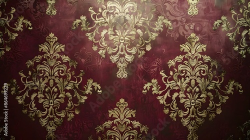 HD realistic wall design with a classic Baroque pattern in gold on a rich burgundy background, evoking a sense of grandeur and sophistication.