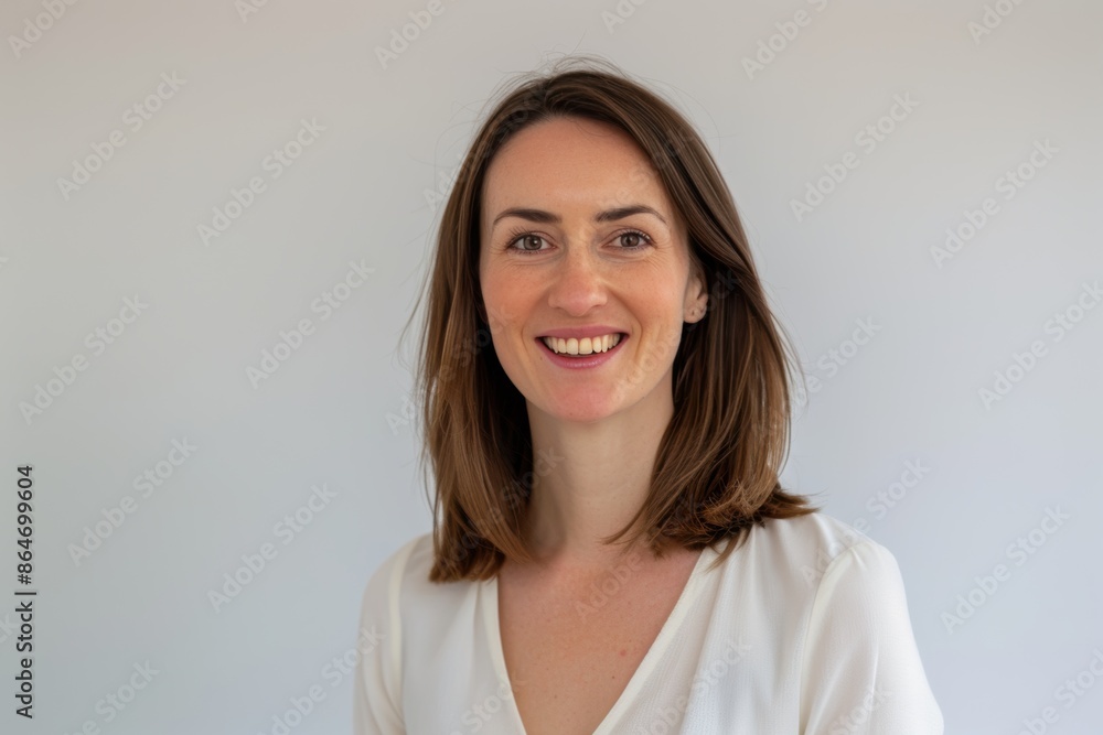 Smiling Woman in White Blouse. Generative AI. Smiling Woman in White Blouse. Generative AI.