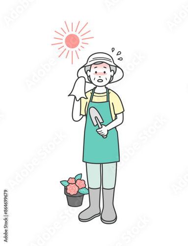 夏にガーデニングをしていたら熱中症になる高齢女性のイラスト