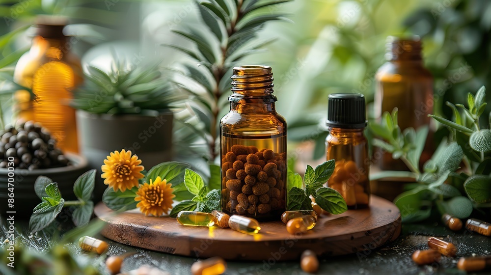 herbal pills in capsules with amber glass medicine bottle and plant leaves on green background.stock image herbal pills in capsules with amber glass medicine bottle and plant leaves on green background.stock image