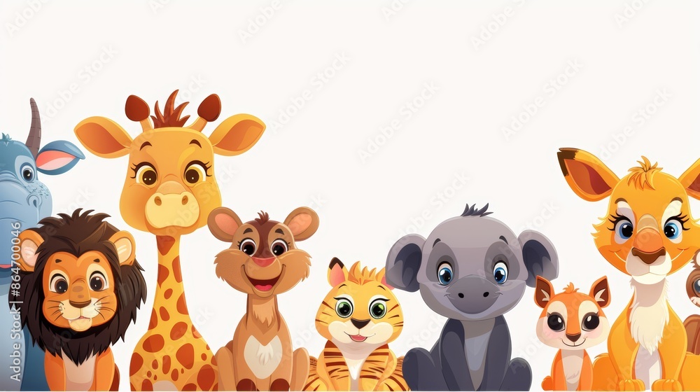 Cute cartoon animals with smiling faces on a white background. Perfect for children's books, cards, and other projects. Cute cartoon animals with smiling faces on a white background. Perfect for children's books, cards, and other projects.
