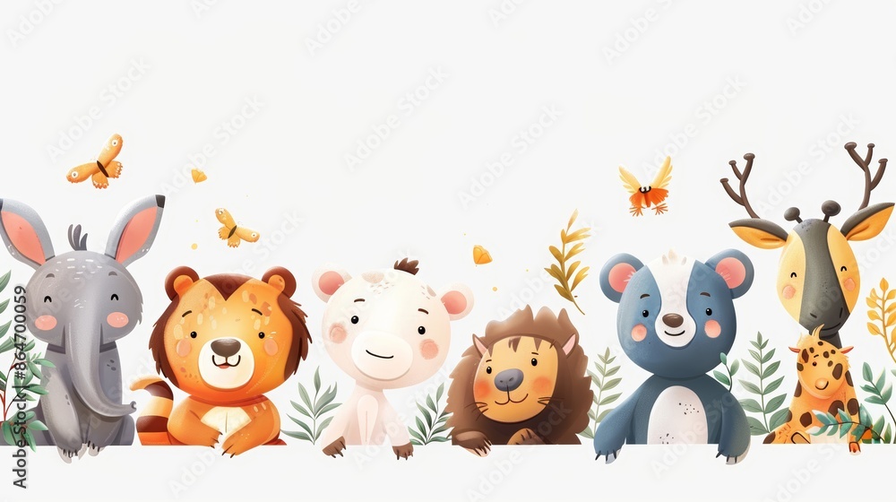 Naklejka premium Adorable cartoon animals, including a rabbit, lion, bear, and giraffe, smiling and looking at the viewer. Perfect for children's books or illustrations.