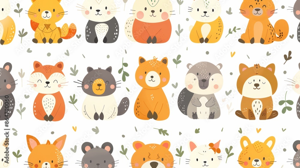 Cute cartoon foxes and raccoons in a seamless pattern. Perfect for kids' products, textiles, and more. Cute cartoon foxes and raccoons in a seamless pattern. Perfect for kids' products, textiles, and more.