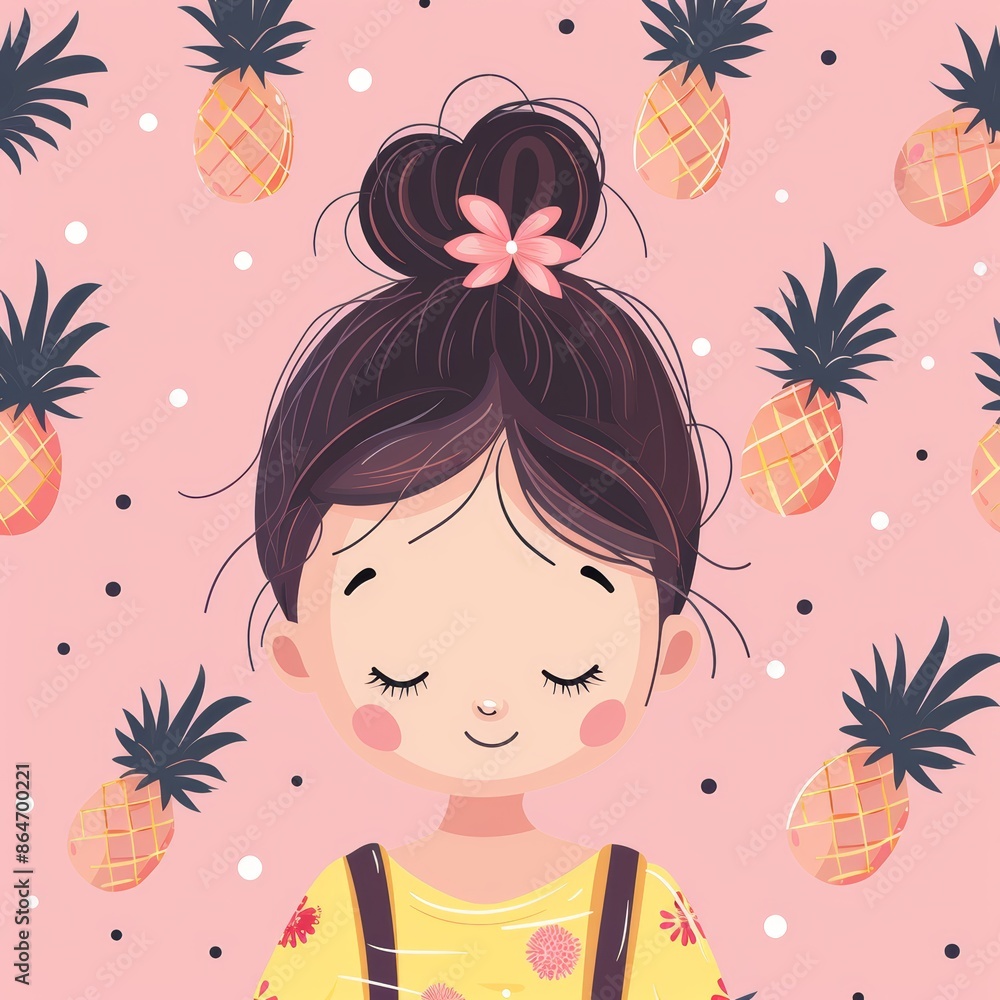 A cute girl with her eyes closed, surrounded by pineapples on a pink background. A cute girl with her eyes closed, surrounded by pineapples on a pink background.
