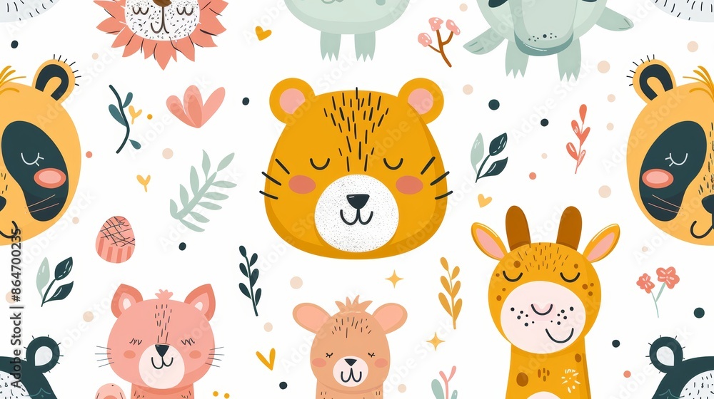 A seamless pattern with cute animal faces and floral elements on a white background. Perfect for children's products, textiles, and wallpapers. A seamless pattern with cute animal faces and floral elements on a white background. Perfect for children's products, textiles, and wallpapers.