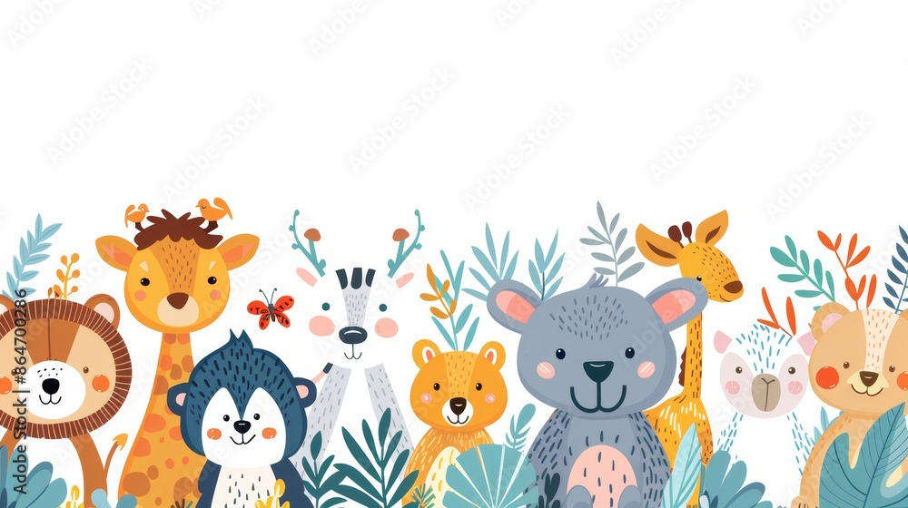 Cute cartoon animals and foliage border on a white background. Perfect for kids, nursery, or nature themed designs. Cute cartoon animals and foliage border on a white background. Perfect for kids, nursery, or nature themed designs.
