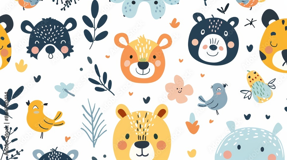 A cheerful seamless pattern with cute animal faces, birds, and floral elements on a white background. A cheerful seamless pattern with cute animal faces, birds, and floral elements on a white background.