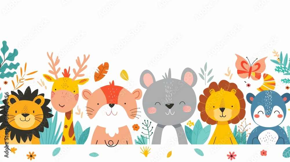 Cute cartoon animals with floral elements. Perfect for kids' products, invitations, and more. Cute cartoon animals with floral elements. Perfect for kids' products, invitations, and more.