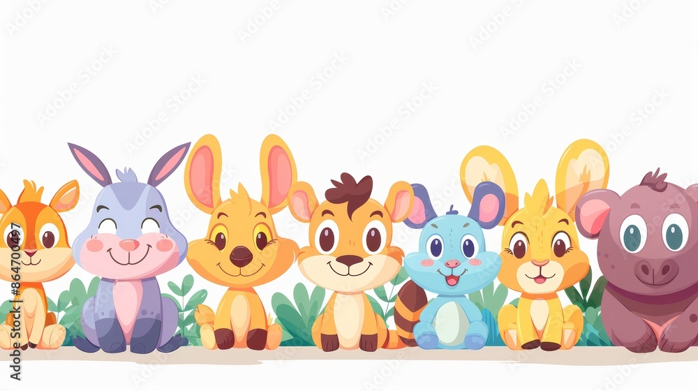 Cute cartoon animals in a row, smiling and looking at the viewer. Perfect for children's books, cards, and decorations. Cute cartoon animals in a row, smiling and looking at the viewer. Perfect for children's books, cards, and decorations.