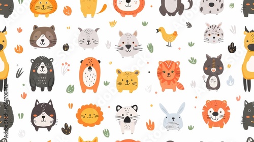 A seamless pattern featuring adorable animal illustrations in a whimsical style, perfect for children's products and designs.