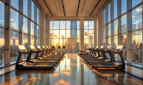 Modern Cityscape Gym With Treadmills During Sunset
