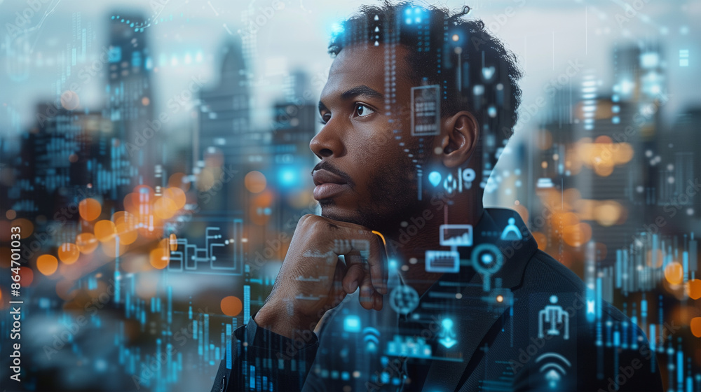 a professional trader viewing investment growth statistics on a futuristic screen a professional trader viewing investment growth statistics on a futuristic screen