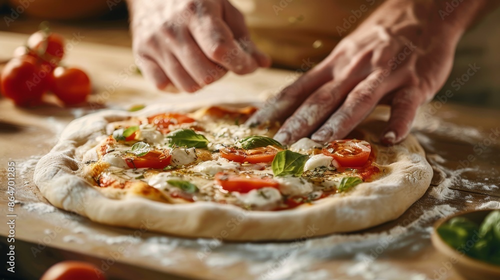 Close-up of a Pizza Dough Being Prepared with Tomatoes and Basil Close-up of a Pizza Dough Being Prepared with Tomatoes and Basil