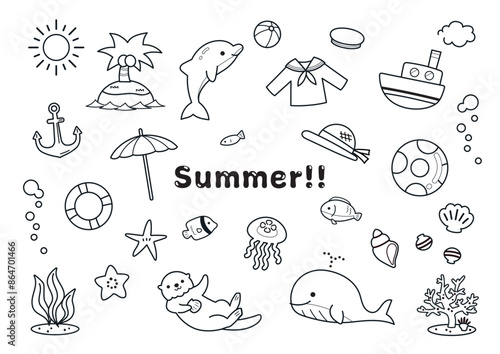 海のイラスト素材セット　夏　かわいい　モノクロ　線画