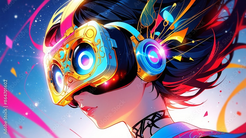 VRゴーグルを付けた女の子イラスト,Generative AI AI画像 VRゴーグルを付けた女の子イラスト,Generative AI AI画像