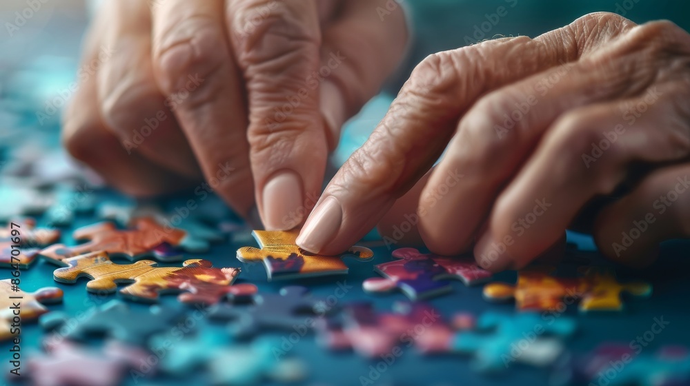 Senior hands placing puzzle piece Senior hands placing puzzle piece