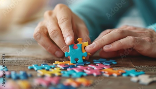 Hands Putting Together Colorful Jigsaw Puzzle Pieces