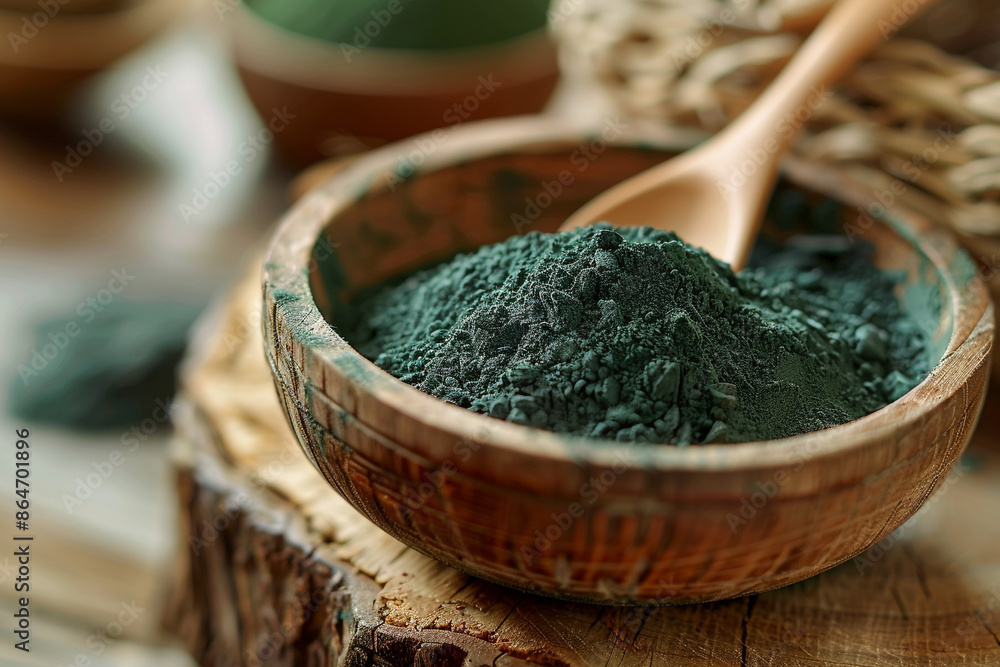 spirulina powder in a wooden plate closeup view spirulina powder in a wooden plate closeup view