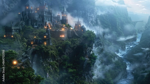 An enchanting castle perched on a misty mountain lit up at dusk, creating a magical and mystical ambiance. AIG59 © Summit Art Creations
