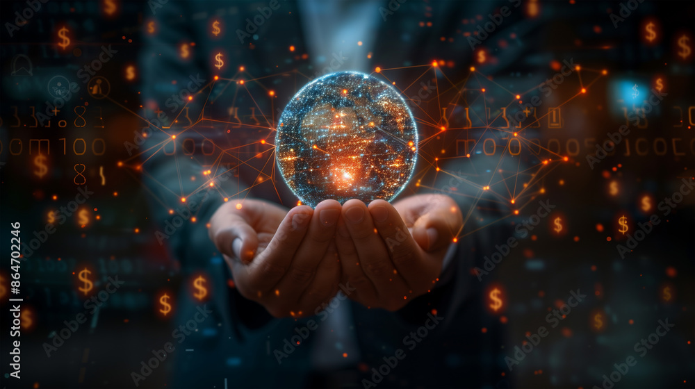Unrecognizable businessman holding a hologram of earth, with logos of cryptocurrencies, dollars, digital currencies on a futuristic background. Unrecognizable businessman holding a hologram of earth, with logos of cryptocurrencies, dollars, digital currencies on a futuristic background.
